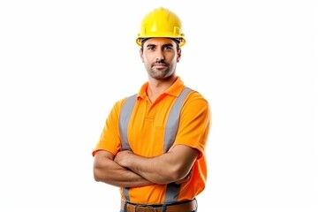 Wall Mural - Construction worker, engineer with a safety vest and hardhat on white background. contractor or architect in planning or renovation. ai generative