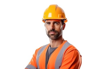 Wall Mural - Construction worker, engineer with a safety vest and hardhat on white background. contractor or architect in planning or renovation. ai generative