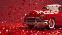 Red Retro Car With Hearts On A Red Background. Card For Valentine's Day