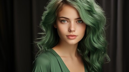 A woman with green hair is posing for a picture. Luscious colored locks, radiating confidence and style. Perfect for hair product ads.