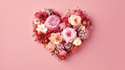 Wall Mural - Artistic heart made out of colorful flowers on a pink background