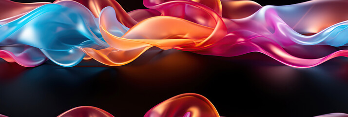 Wall Mural - black background with wavy seamless pattern texture with neon gradient multicolored volumetric waves