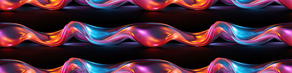 Wall Mural - black background with wavy seamless pattern texture with neon gradient multicolored curves volumetri