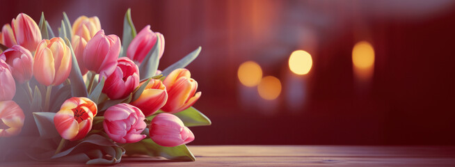 Wall Mural - A bunch of pink and yellow tulips on a table.