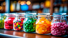 Colorful Candies In Jars On A Wooden Table In A Candy Shop. Colorful Candies Sweets.