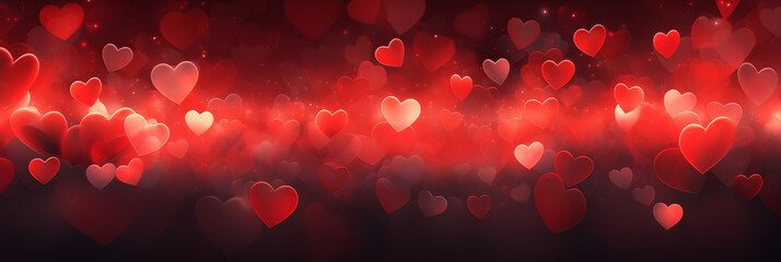 Wall Mural - Beautiful background banner with red hearts, lights, sparkles and bokeh. Valentine's Day. Panoramic web header with copy space. Wide screen wallpaper,