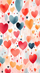 Wall Mural - Valentine's day watercolor abstract hearts background card, delightful boho illustration, artistic doodle.