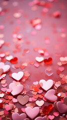 Wall Mural - Pink confetti of hearts on pink background with copy space. Valentine's Day card. Suitable for social media design.