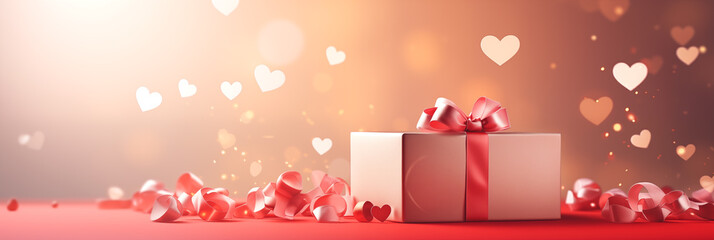 Wall Mural - Valentine's Day banner with gift box and hearts on blurred background. Panoramic web header. Wide screen wallpaper.