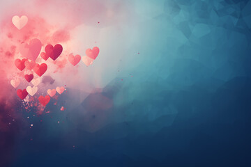 Wall Mural - Valentine's Day card. Pink and red hearts on blue background with copy space, minimalistic illustration.