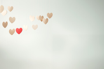 Wall Mural - Minimalistic background with hanging beige and red cardboard hearts on a pale green pastel background. Valentines day card with copy space.