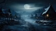Dark mysterious snowy village around Christmas time. Generative AI.