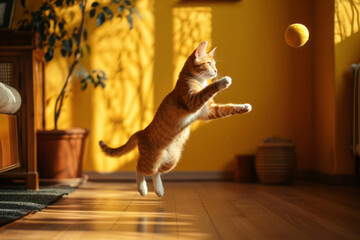Wall Mural - Ginger cat jumping around playing with a cat toy at home. Having fun with pets indoors. Super wide angle shot.