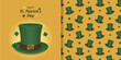 Seamless pattern and greeting card invitation. Green top hat with gold buckle and clover leaf. Happy St. Patrick's Day text and yellow highlights on a gold background. Hand drawn vector illustration.