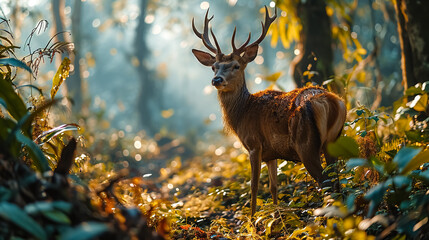 Beautiful red deer in the forest at sunrise. Wildlife scene from nature. Wildlife scene from nature. Fallow deer in natural habitat. 