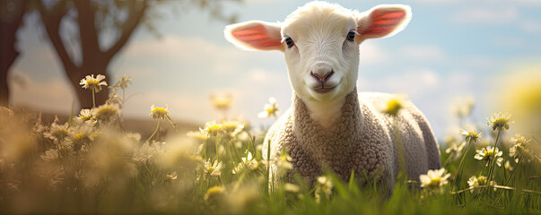 Wall Mural - Spring Lambs portrait. Sheep on green farm with flowers background.