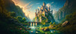 sunrise in the mountains,Castle and Rainbow,A scenic view of a majestic castle with a rainbow, a serene lake with swans, and lush greenery,Generative AI