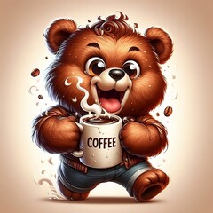 Cute smiling little bear with a cup of hot coffee illustration.