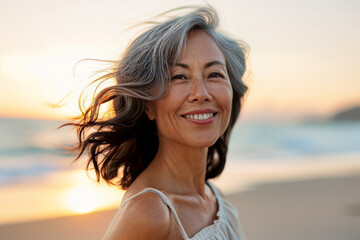 Smiling mature woman at the beach at sunrise, happy, joyful, enjoying sunny weather near the ocean, natural and relaxed senior lifestyle