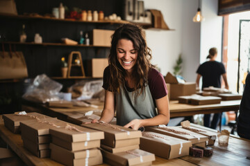 young seller of handmade goods taping a cardboard boxes for delivery. beautiful woman packing and se