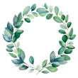 	
watercolor drawing, wreath, round frame of eucalyptus leaves. delicate illustration, clipart	
