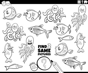 Wall Mural - find two same cartoon marine animals game coloring page