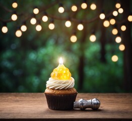 Birthday cupcake with candle on wooden table and bokeh background