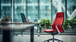 © Nemanja - Red office chair placed in front of the table with laptop. Modern workspace or workplace interior design where employees are coming to their job, indoors remote internet connection corporate work