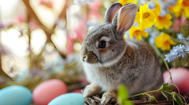Springtime Bunny Among Easter Eggs and Flowers