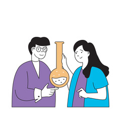 Aufkleber - Education concept with cartoon people in flat design for web. Students making chemical research in test tubes, learning at laboratory. Vector illustration for social media banner, marketing material.