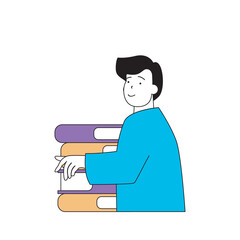 Aufkleber - Education concept with cartoon people in flat design for web. Student reading textbooks in library and making homework with books. Vector illustration for social media banner, marketing material.