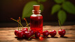 bottle, jars of cherry essential oil extract