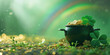 Pot of gold leprechaun, St Patrick's Day holiday concept with rainbow in the background and clover
