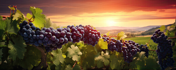 Wall Mural - A bunch of black grape for wine on vineyard with vine on the background