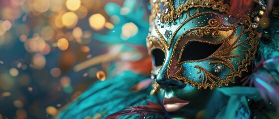 Wall Mural -  a close up of a person wearing a blue and green mask with feathers on the bottom of their head and a green and gold mask on top of their head.