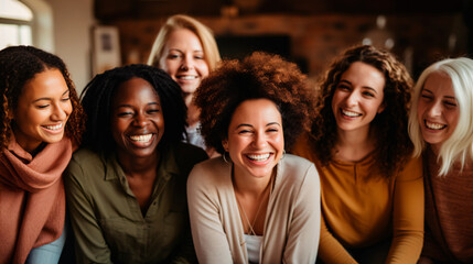 group portrait of six smiling female friends of different races