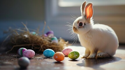 Sticker -  a white rabbit sitting on top of a wooden floor next to a pile of easter eggs and straw filled with colored eggs.