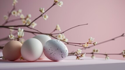 Sticker -  three eggs sitting on top of a table next to a branch of a tree with white flowers in front of a pink background.