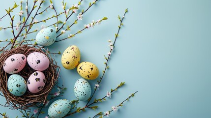 Wall Mural -  a bird's nest filled with painted eggs next to a twig branch with flowers on a blue background.