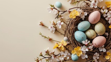 Sticker -  a bird's nest filled with eggs sitting on top of a branch of a blossoming tree with white and yellow flowers.