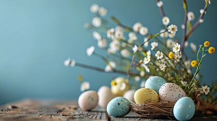 Poster -  a bunch of eggs sitting on top of a wooden table next to a vase with white flowers and baby's breath.