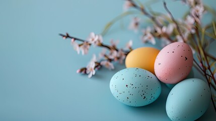 Sticker -  a group of three eggs sitting on top of a table next to a twig and a twig branch.