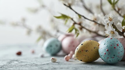 Sticker -  a group of painted eggs sitting on top of a table next to a branch of a tree with white flowers.