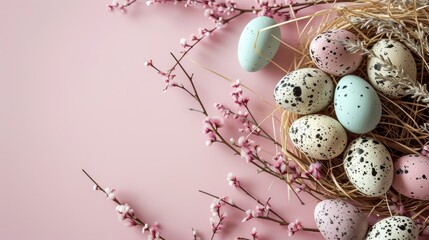 Sticker -  a bunch of eggs sitting in a nest on top of a pink surface next to a twig filled with baby's breath.