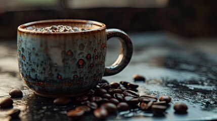 Poster -  a close up of a cup of coffee on a table with coffee beans on the table and a window in the background.