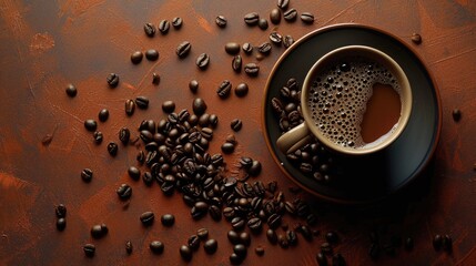 Poster -  a cup of coffee sitting on top of a saucer filled with coffee beans next to a pile of coffee beans.