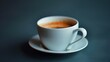 a close up of a cup of coffee on a saucer on a black table with a blue back ground.