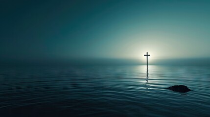 Wall Mural -  a cross sitting in the middle of a body of water with the sun shining through the fog in the sky.