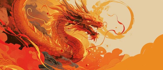 Wall Mural -  a painting of a yellow and red dragon on a yellow and orange background with swirls and swirls around it.