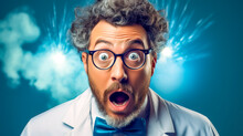 Man With A Surprised Expression, Wearing Glasses And A Lab Coat With A Bow Tie, Set Against A Background With A Visual Effect That Suggests A Sudden Realization Or Scientific Discovery